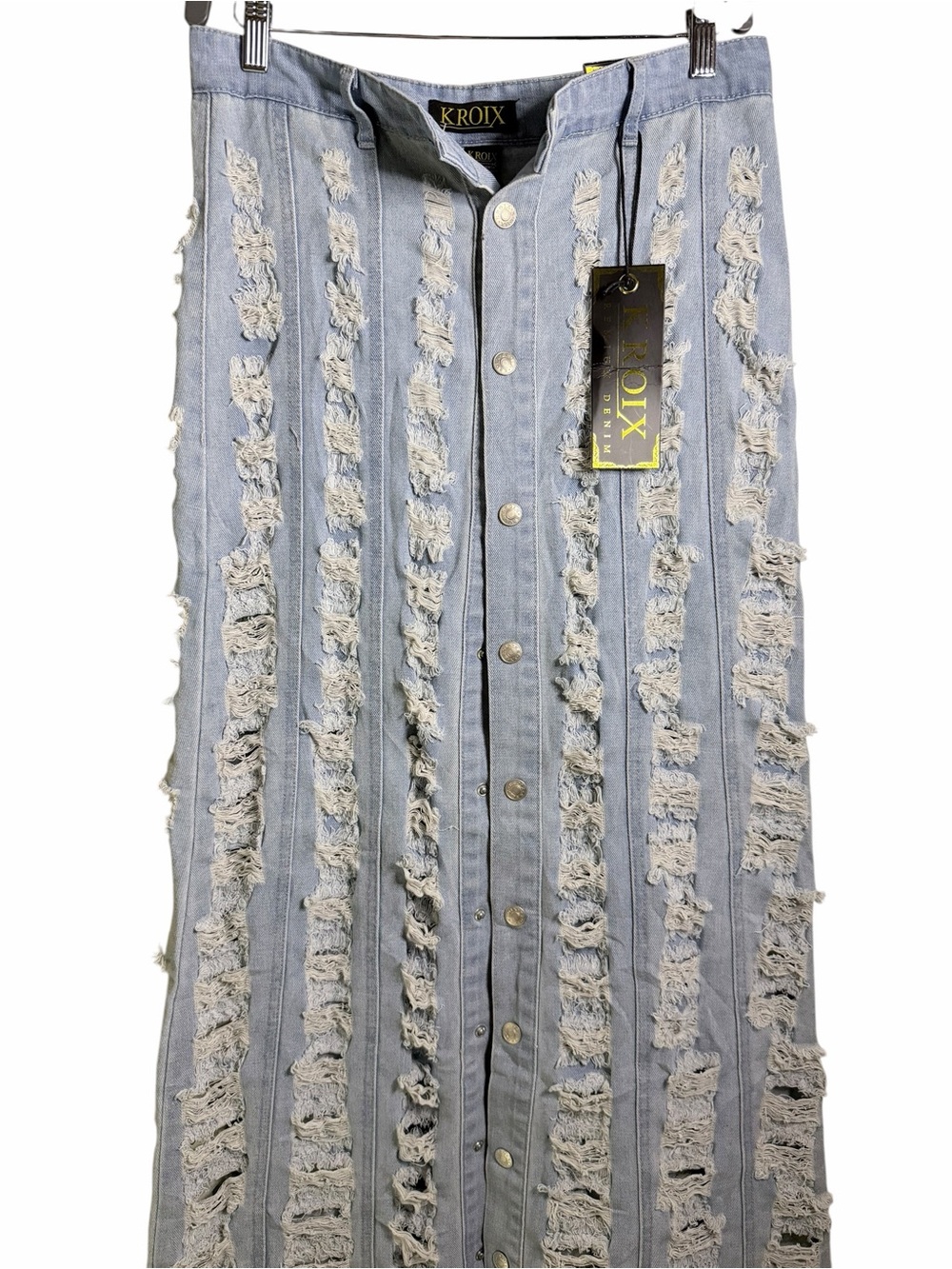 Kroix Light Blue Distressed Button-Front Denim Maxi Skirt